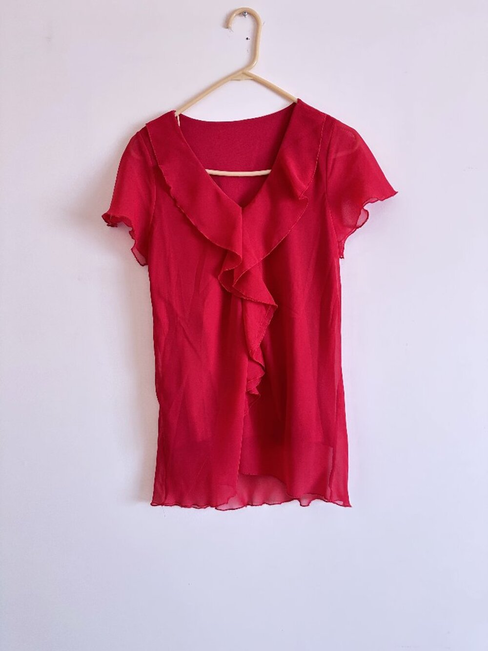 Red Short-Sleeve Blouse Top with Ruffle Detail